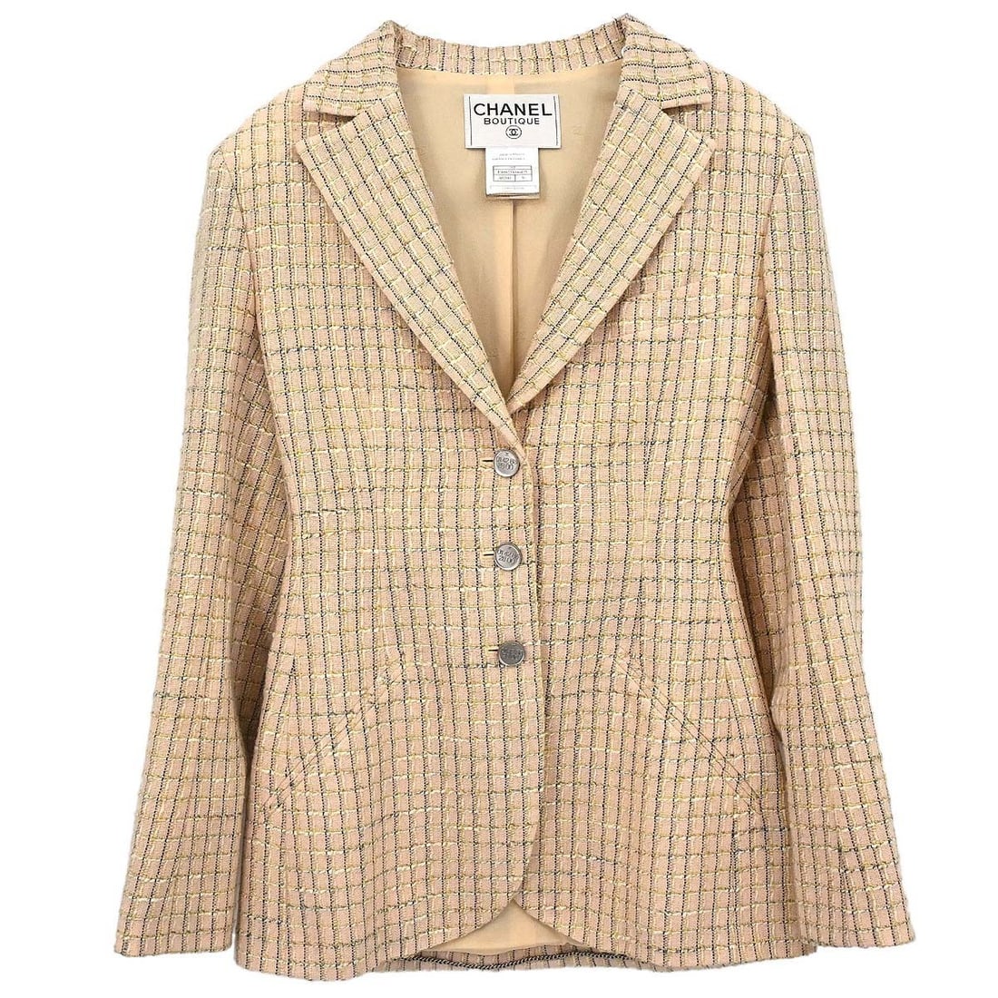 CHANEL 98P Beige Tweed Jacket Women Size 36 Single Breasted: CHANEL 98P Beige Tweed Jacket Women Size 36 Single Breasted Vintage Chanel single-breasted tweed jacket in beige with a mid-length silhouette, long sleeves, button closure, and logo accents. The exter