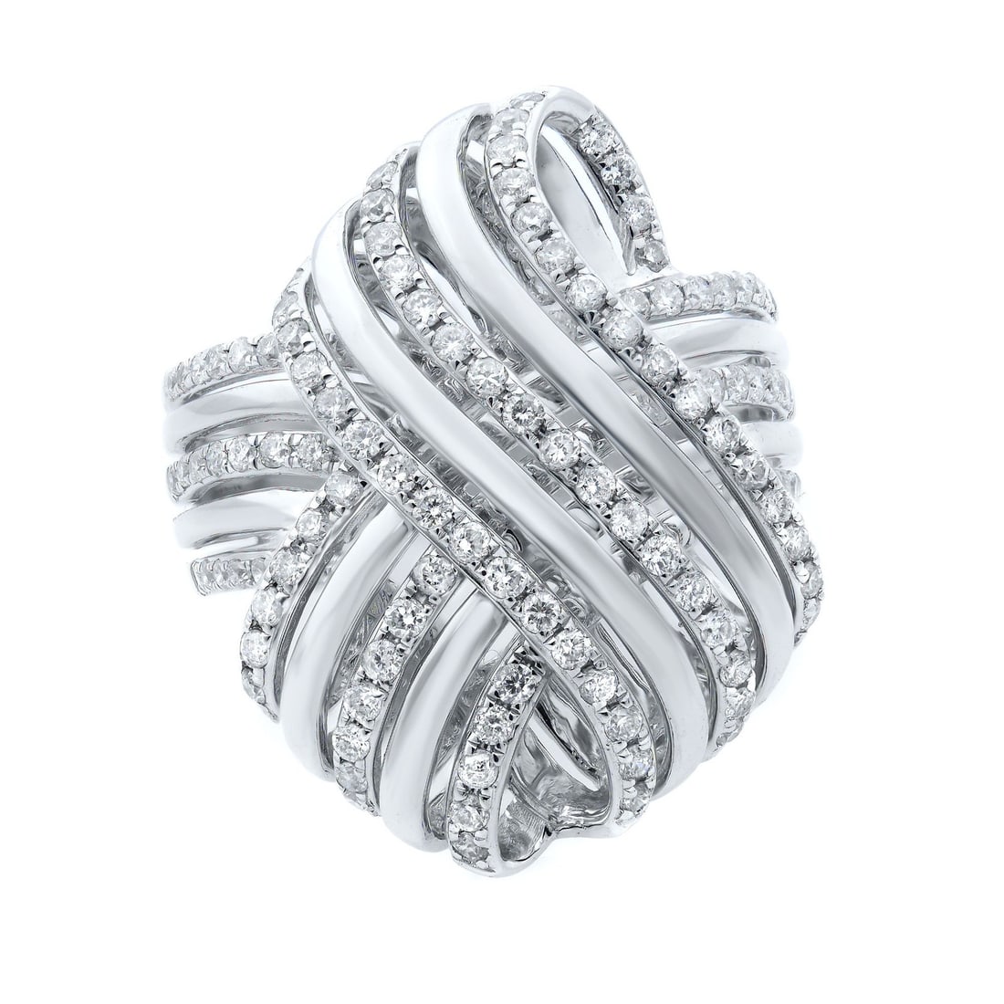 Rachel Koen 14K White Gold Cocktail Ring 0.87ct Diamonds Size 7: Rachel Koen 14K White Gold Cocktail Ring 0.87ct Diamonds Size 7 This exquisite Rachel Koen cocktail ring is a stunning piece crafted from high-polished 14K white gold. The ring features a unique knott