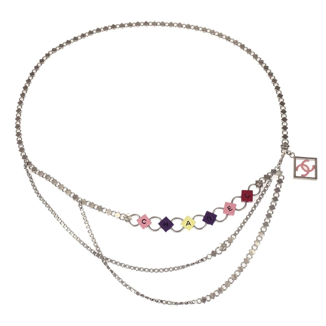 CHANEL 04P Silver Plated Chain Belt with Acrylic Cube Accents: CHANEL 04P Silver Plated Chain Belt with Acrylic Cube Accents A Chanel chain belt in silver-plated material, designed for women and made in France. It is listed in one size and features a silver finis