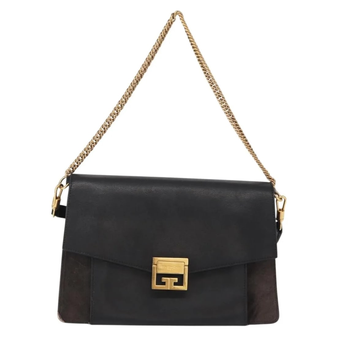 Black Leather GV3 Flap Shoulder Bag by Givenchy: Black Leather GV3 Flap Shoulder Bag by Givenchy This Givenchy GV3 Flap Bag features a classic black leather design with a chain shoulder strap. Designed for women, the bag shows signs of previous use,