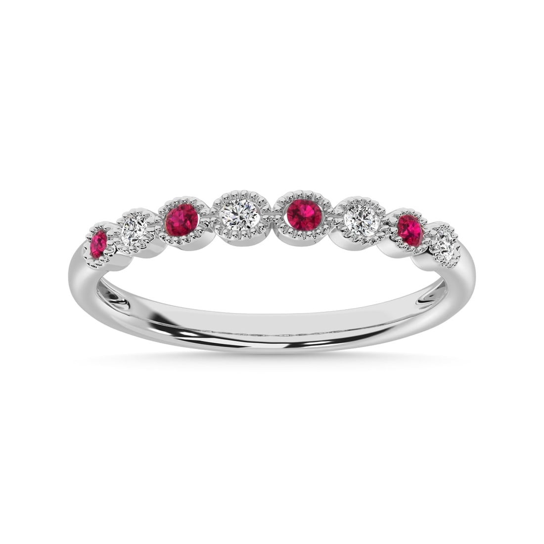 Ruby and Alternate Diamond 1/6 Ct.Tw. Stack Band in 14K White Gold: Ruby and Alternate Diamond 1/6 Ct.Tw. Stack Band in 14K White Gold 14k White Gold Stone Color: G-h Stone Clarity: I2 / Ru-aa Each ring is presented in standard size 6.5. Complimentary resizing is avai