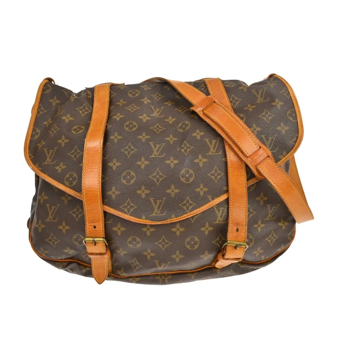 Louis Vuitton Saumur Shoulder Bag in Brown Monogram Canvas: Louis Vuitton Saumur Shoulder Bag in Brown Monogram Canvas Louis Vuitton Saumur in brown canvas, designed for unisex use. This bag is in good condition with visible wear, including scuffs, scratches, 