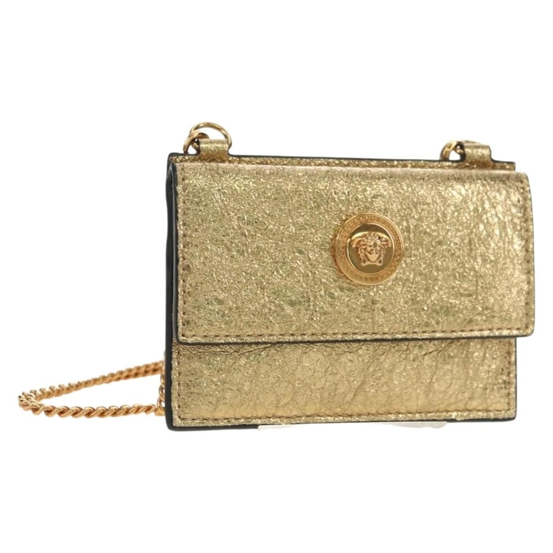VERSACE leather card case with chain shoulder strap gold Italy: VERSACE leather card case with chain shoulder strap gold Italy Versace leather card case in gold, designed for women and made in Italy. The compact pouch-style piece measures approximately 11 cm wide 