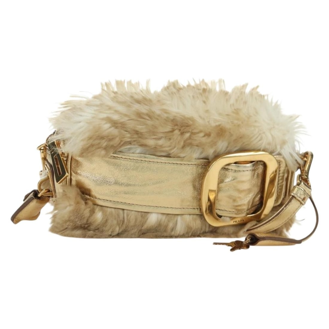 PRADA Fur Shoulder Bag Beige Gold with Dust Bag Padlock Key Set: PRADA Fur Shoulder Bag Beige Gold with Dust Bag Padlock Key Set A women's Prada shoulder bag in beige and gold, crafted from fur and made in Italy. It measures approximately 22 cm wide, 12 cm high, an
