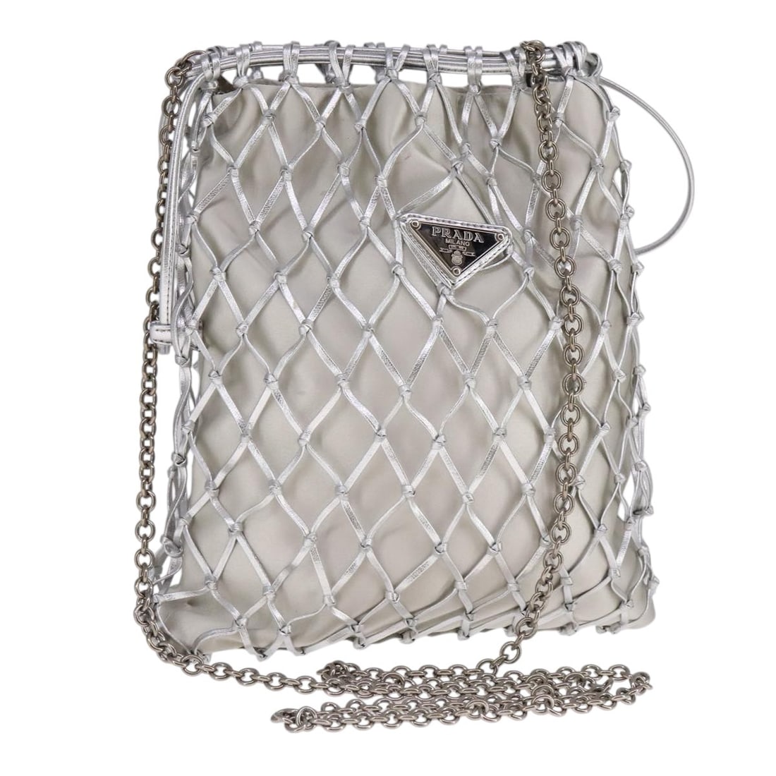 PRADA Satin Silver Chain Strap Shoulder Bag with Dust Bag: PRADA Satin Silver Chain Strap Shoulder Bag with Dust Bag A PRADA shoulder bag crafted in satin with a silver exterior. It comes with a dust bag and was made in Italy. The bag is described as size W21