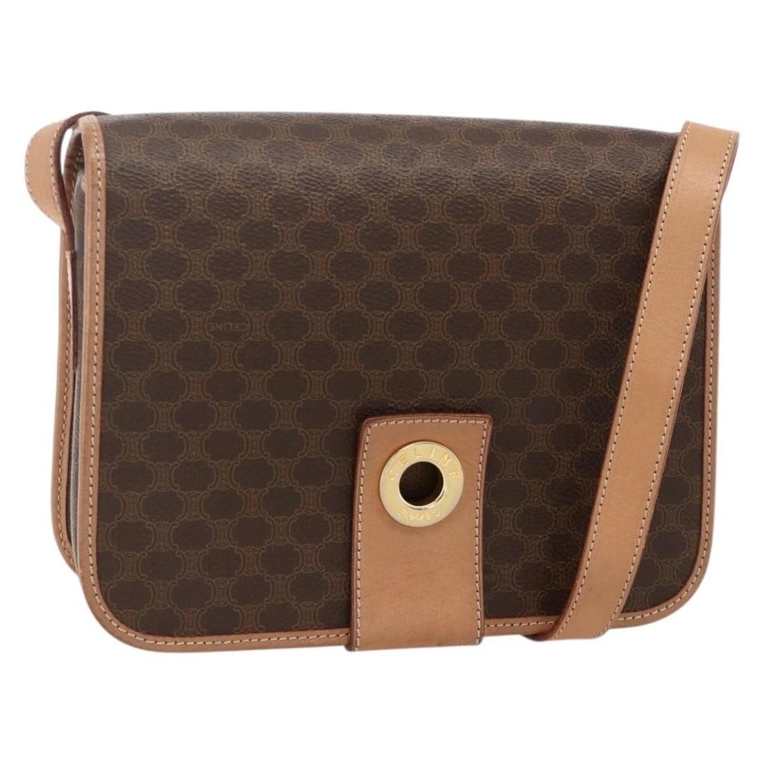CELINE Macadam Circle Shoulder Bag Brown PVC Leather: CELINE Macadam Circle Shoulder Bag Brown PVC Leather A CELINE shoulder bag in brown and gold, crafted from PVC leather and Macadam canvas. It features a circle design, a shoulder strap with an approxi
