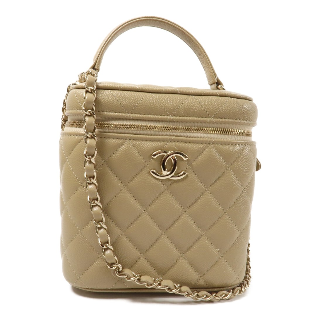 CHANEL AS2362 CC Vanity Case 2 Way Shoulder Bag Beige Calfskin: CHANEL AS2362 CC Vanity Case 2 Way Shoulder Bag Beige Calfskin A CHANEL 2-way chain shoulder bag vanity case in beige calfskin (cowhide) leather. Model AS2362, it features a beige exterior and beige f