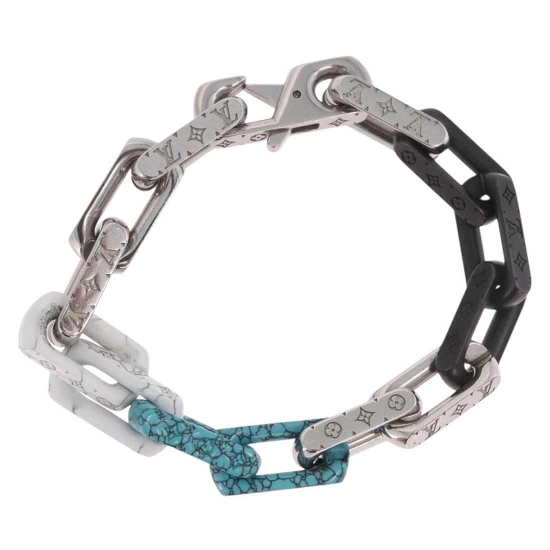 Louis Vuitton M1042M silver metal chain bracelet with box dust bag: Louis Vuitton M1042M silver metal chain bracelet with box dust bag Louis Vuitton women's bracelet in silver metal, identified as style M1042M. Made in Italy, it comes with a dust bag and item box. The