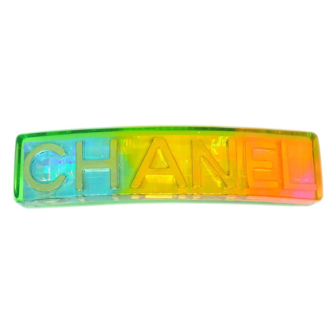 CHANEL 97P Multicolor Plastic Barrette Hair Clip France: CHANEL 97P Multicolor Plastic Barrette Hair Clip France A Chanel barrette hair clip made in France, featuring a multicolor design with CHANEL CC logos. It is described as being in very good condition 