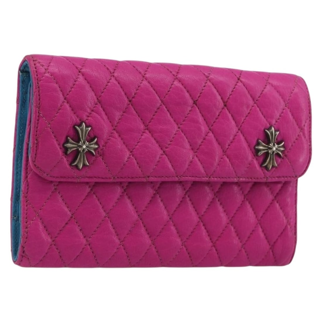 Chrome Hearts Wave 4 3-Snap Long Wallet Quilted Pink Leather: Chrome Hearts Wave 4 3-Snap Long Wallet Quilted Pink Leather Chrome Hearts Wave 4 3-Snap quilted long wallet in pink and silver leather. This long wallet measures approximately W20 cm x H13 cm x D3 cm