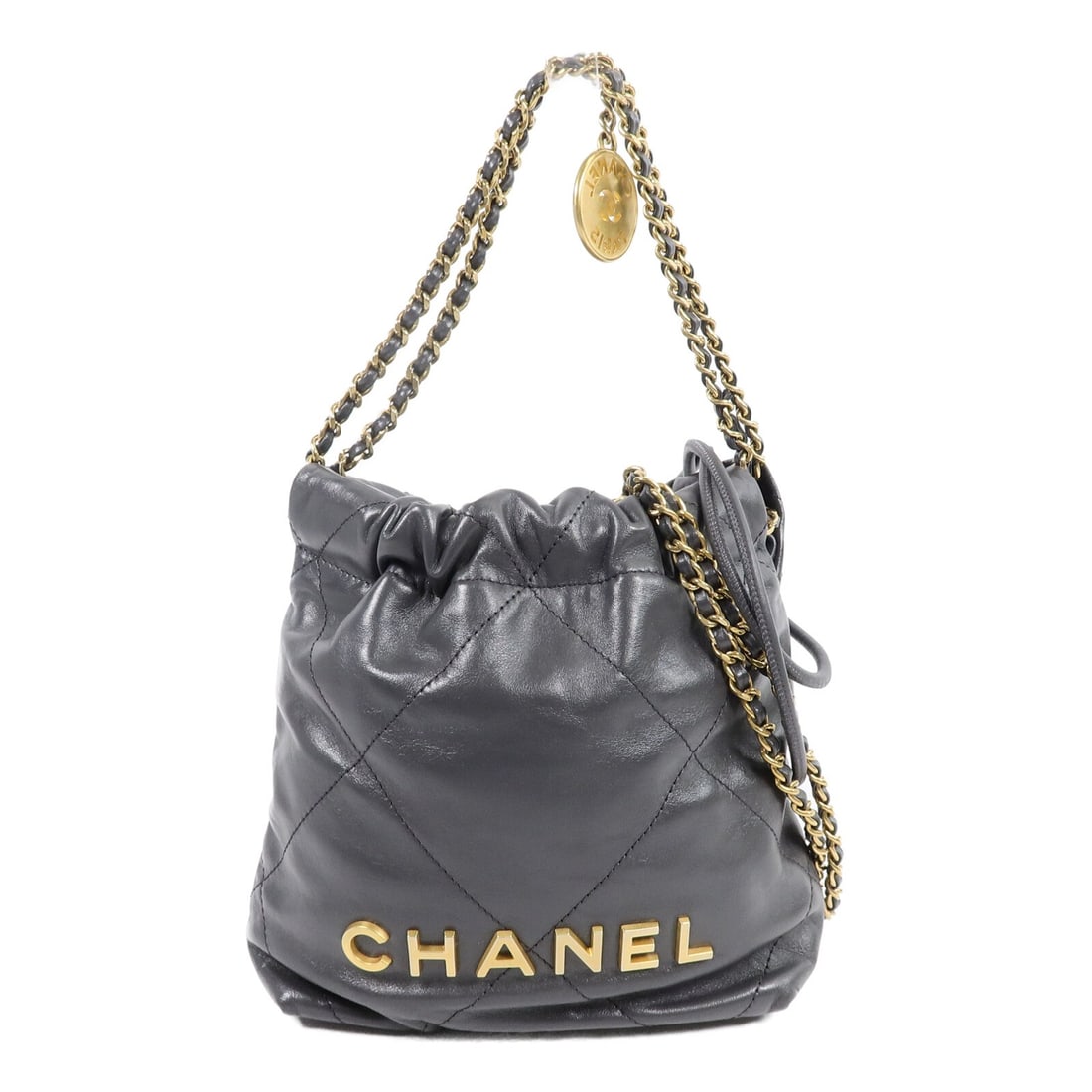 CHANEL Mini 22 AS3980 Gray Calfskin 2 Way Shoulder Bag GHW: CHANEL Mini 22 AS3980 Gray Calfskin 2 Way Shoulder Bag GHW A CHANEL CC GHW Mini 22 2 Way Shoulder Bag in gray calfskin leather. The bag features a 2-way design, an inside open pocket, and comes with s