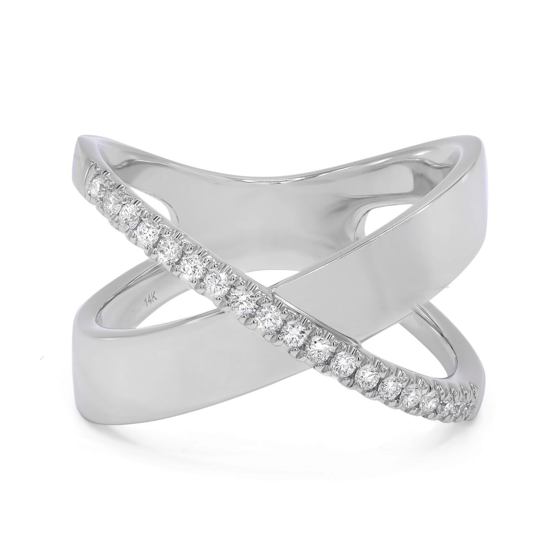 Rachel Koen 14K White Gold Pave Diamond Crisscross Ring Size 7: Rachel Koen 14K White Gold Pave Diamond Crisscross Ring Size 7 This stunning crisscross ring from Rachel Koen features a high polish finish in 14K white gold, elegantly highlighted with a line of pave