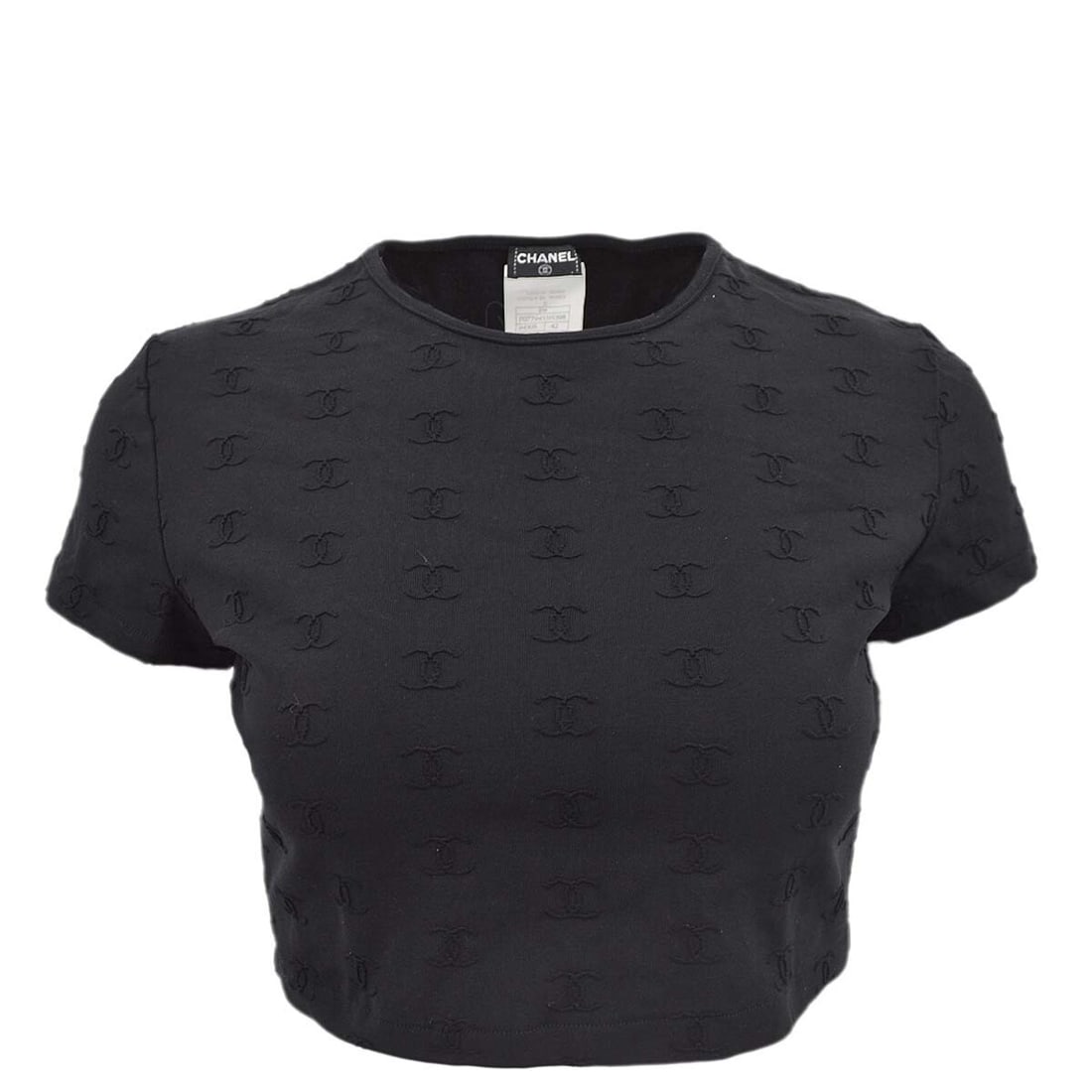 CHANEL Black Cropped T Shirt Size 42 Nylon Spandex: CHANEL Black Cropped T Shirt Size 42 Nylon Spandex Black cropped Chanel T-shirt for women with a round neckline, short sleeves, and a regular fit. Made in France, this casual top is crafted from nylon