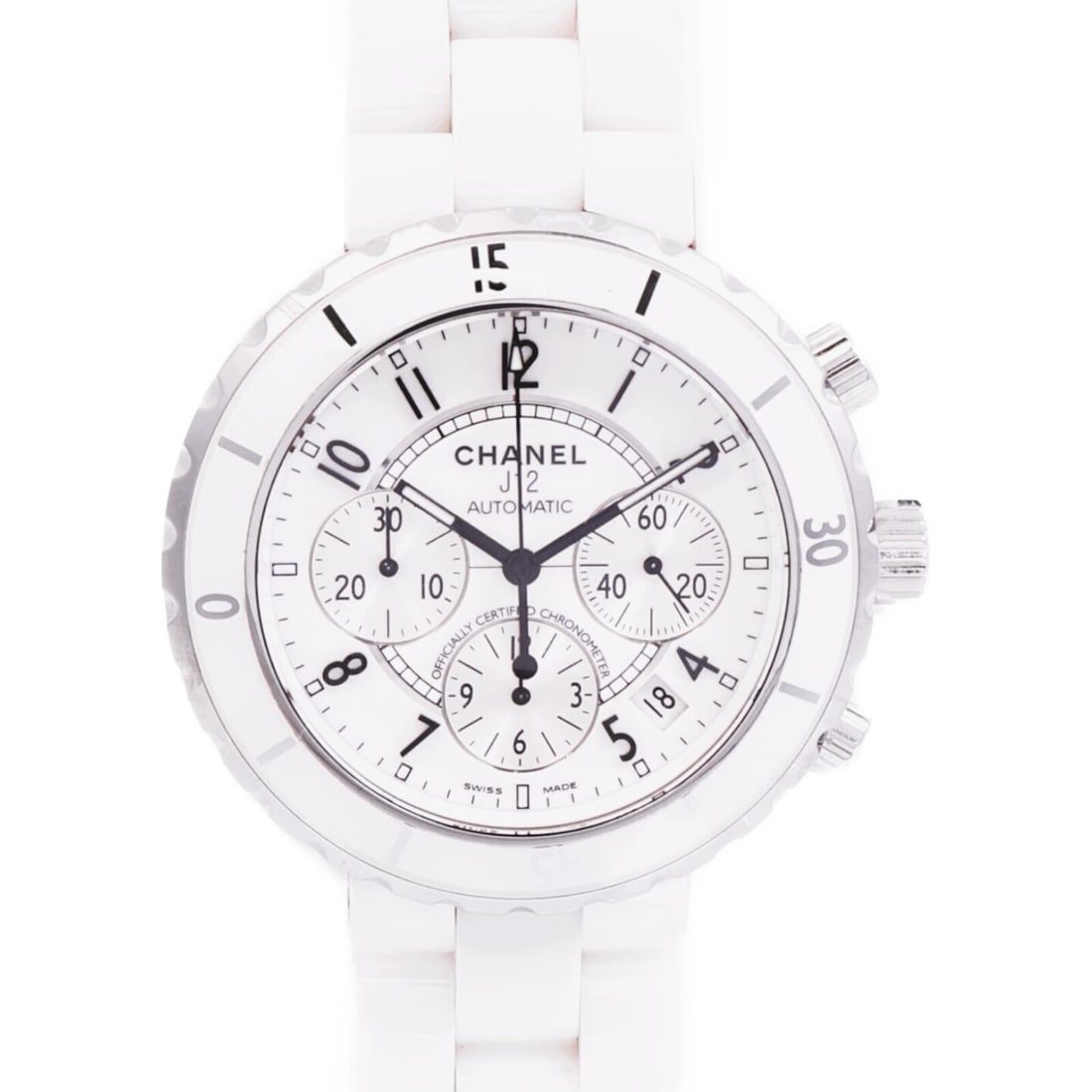 CHANEL J12 H1007 White Ceramic Automatic Chronograph Watch: CHANEL J12 H1007 White Ceramic Automatic Chronograph Watch CHANEL CC J12 Chronograph Automatic Watch H1007 in white ceramic, designed for ladies. This automatic winding watch features a 41 mm case dia