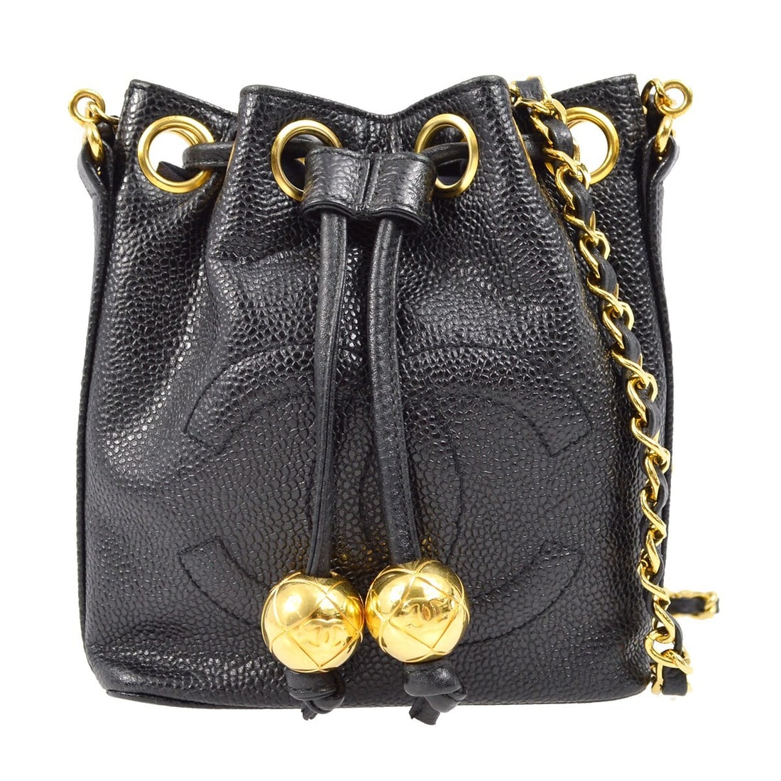 CHANEL Caviar Mini Bucket Bag Black Caviar Leather Drawstring: CHANEL Caviar Mini Bucket Bag Black Caviar Leather Drawstring Mini Chanel bucket shoulder bag in black caviar skin leather with a drawstring closure. Made in Italy, this women's bag features a compact