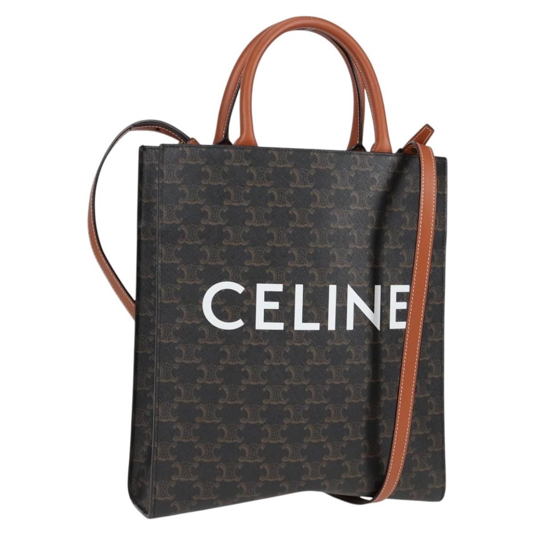 CELINE Triomphe Cabas Tote in Black PVC Leather with Dust Bag: CELINE Triomphe Cabas Tote in Black PVC Leather with Dust Bag Celine Triomphe Vertical Cabas tote bag in black and gold PVC leather with Macadam canvas. Made in Italy, this women's tote includes a dus