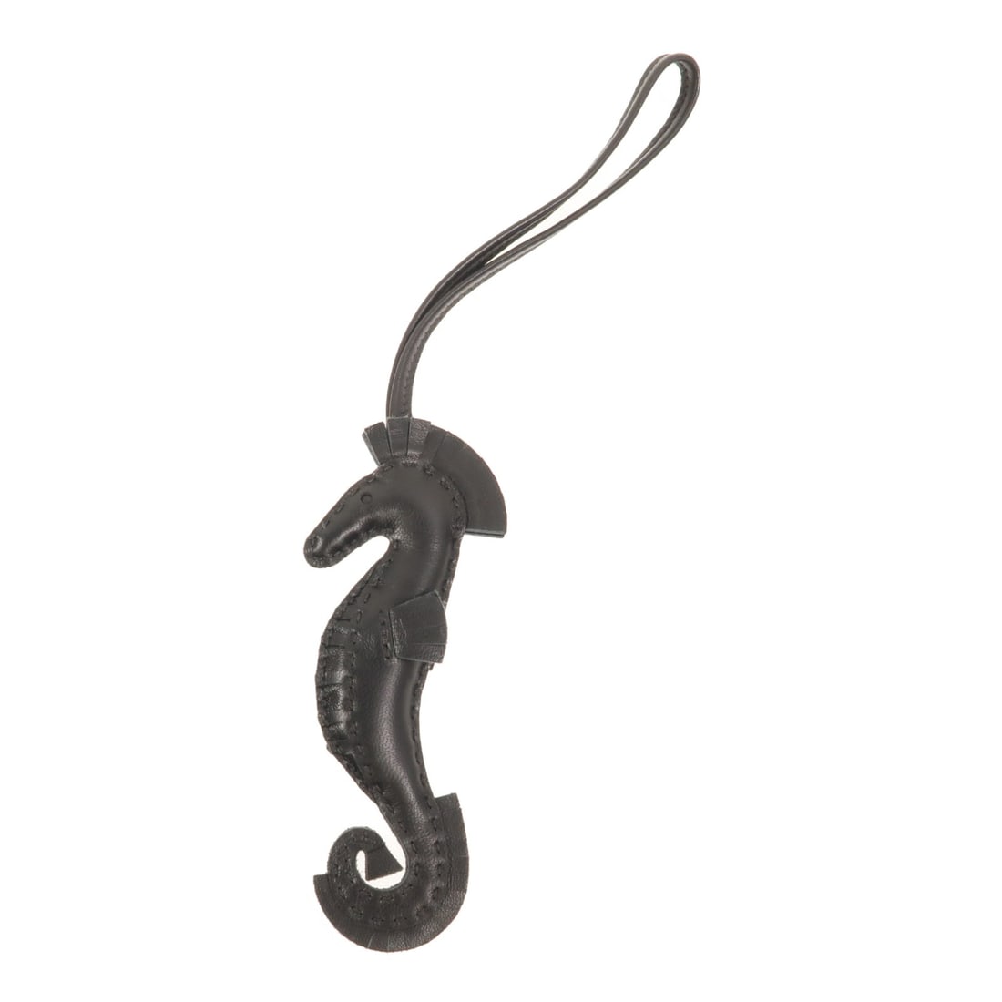 Hermes Hippo Seahorse Bag Charm Noir Agneau Milo Leather: Hermes Hippo Seahorse Bag Charm Noir Agneau Milo Leather Hermes Hippo Seahorse Charm in Noir black, crafted from Agneau Milo lambskin (sheep leather). The charm measures approximately 5.5 cm wide, 12.