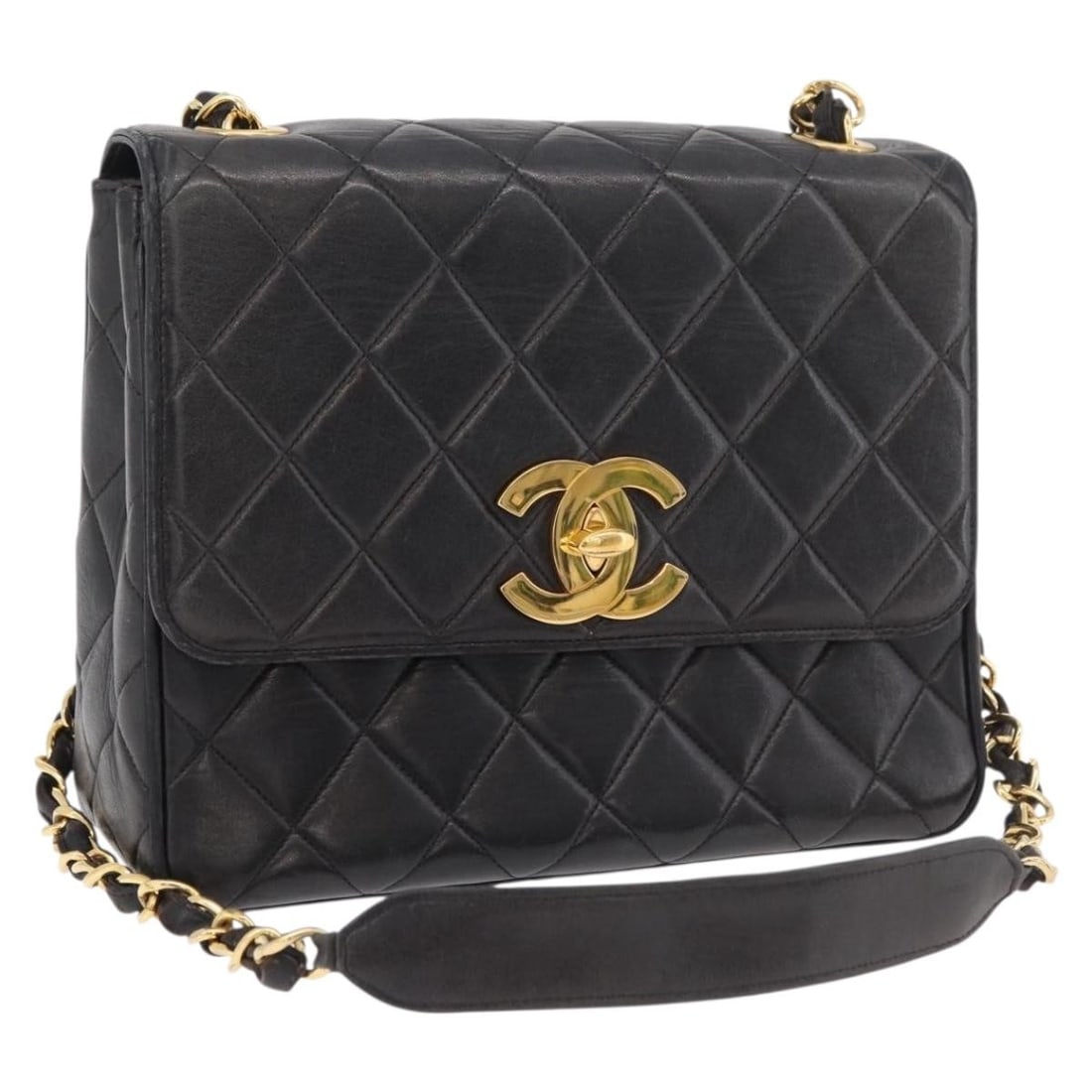 CHANEL Lamb Skin Matelasse Black Gold Shoulder Bag with Dust Bag: CHANEL Lamb Skin Matelasse Black Gold Shoulder Bag with Dust Bag This CHANEL Matelasse chain shoulder bag is crafted from luxurious black lambskin leather with gold-tone accents. Designed for women, i