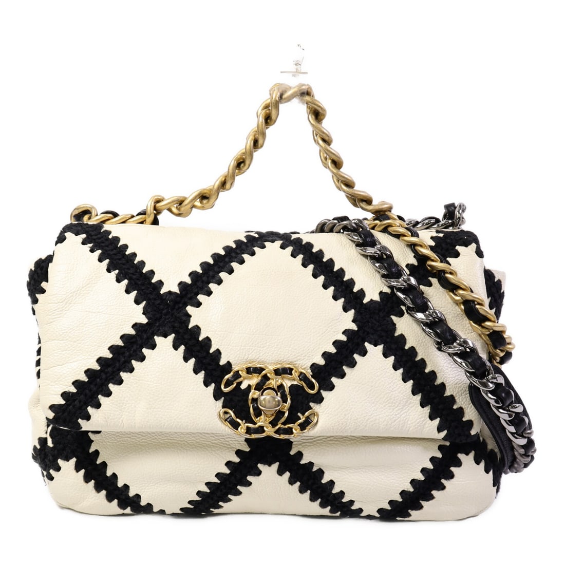 CHANEL AS1161 Chanel 19 Small Calfskin 2 Way Shoulder Bag Black White: CHANEL AS1161 Chanel 19 Small Calfskin 2 Way Shoulder Bag Black White This CHANEL Chanel 19 Small 2 Way Chain Shoulder bag is crafted in calfskin (cowhide) and presented in black/white. It features a 
