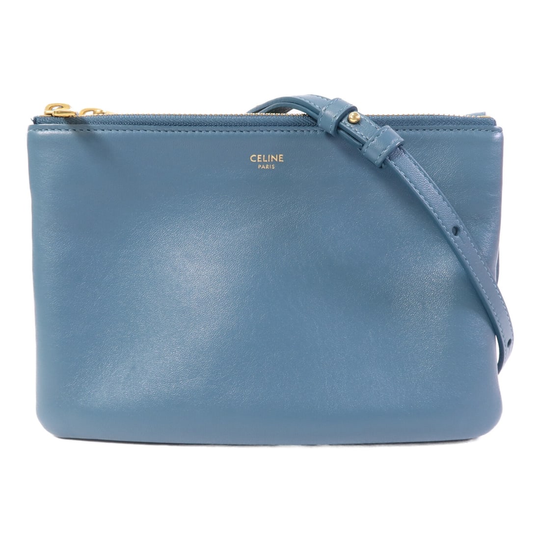 CELINE Trio Small Green Calfskin Shoulder Bag: CELINE Trio Small Green Calfskin Shoulder Bag A CELINE Trio Small Shoulder Bag in green calfskin leather with gold-tone hardware. Designed for women, this shoulder bag is made in France and comes with