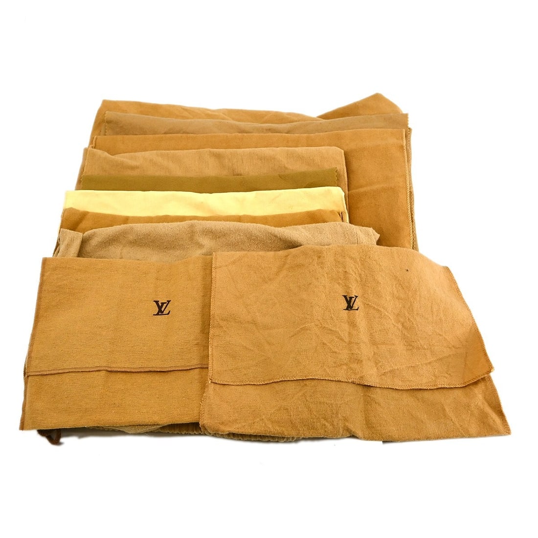 Set of 10 Louis Vuitton cotton dust bags in brown beige: Set of 10 Louis Vuitton cotton dust bags in brown beige Set of 10 authentic Louis Vuitton dust bags in brown and beige cotton. These unisex dust bags show overall signs of use, including stains and re