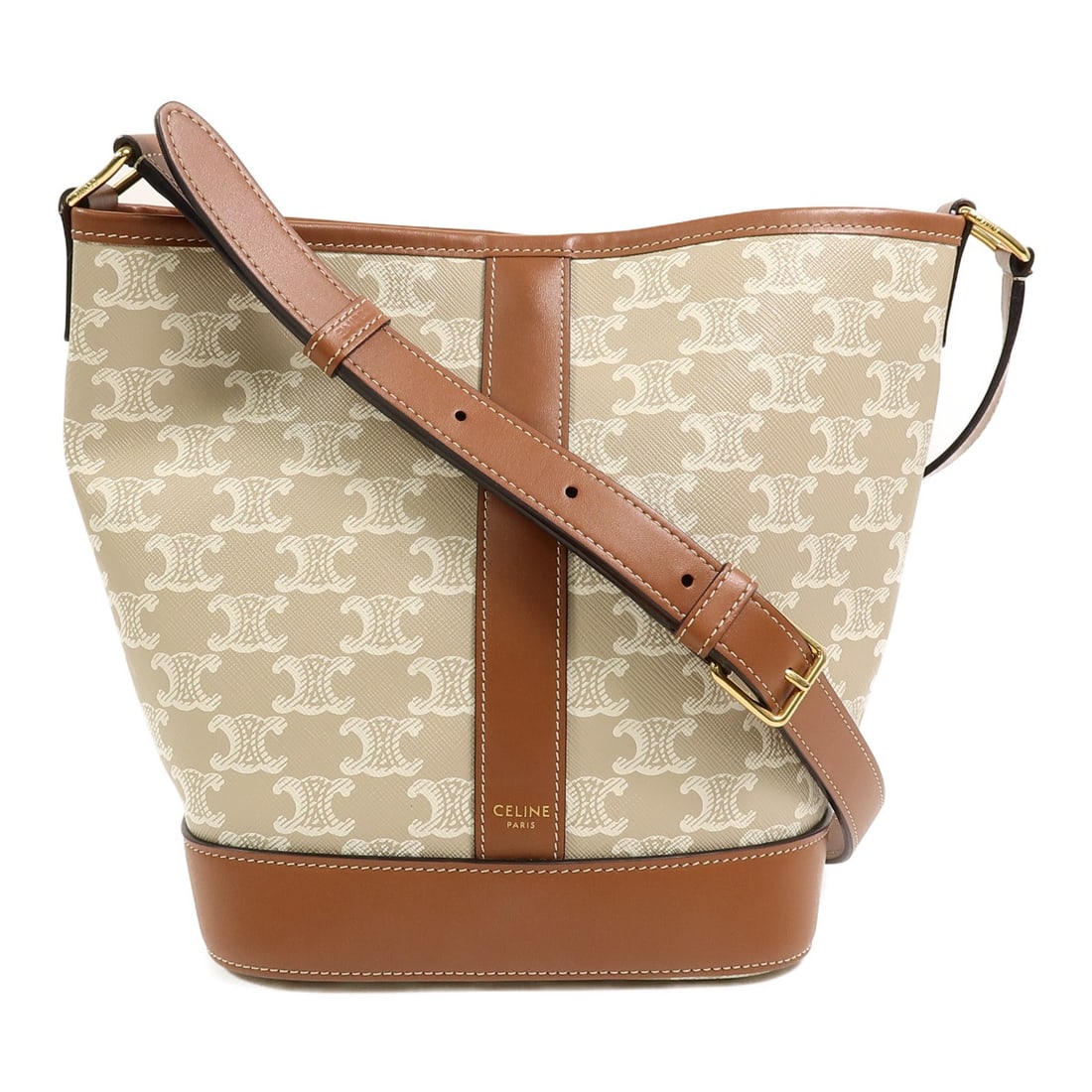 CELINE Triomphe Small Bucket Shoulder Bag Beige Brown Coated Canvas: CELINE Triomphe Small Bucket Shoulder Bag Beige Brown Coated Canvas CELINE Triomphe Bucket Bag in small shoulder bag style, made from PVC coated canvas in beige and brown. It features a regular size p