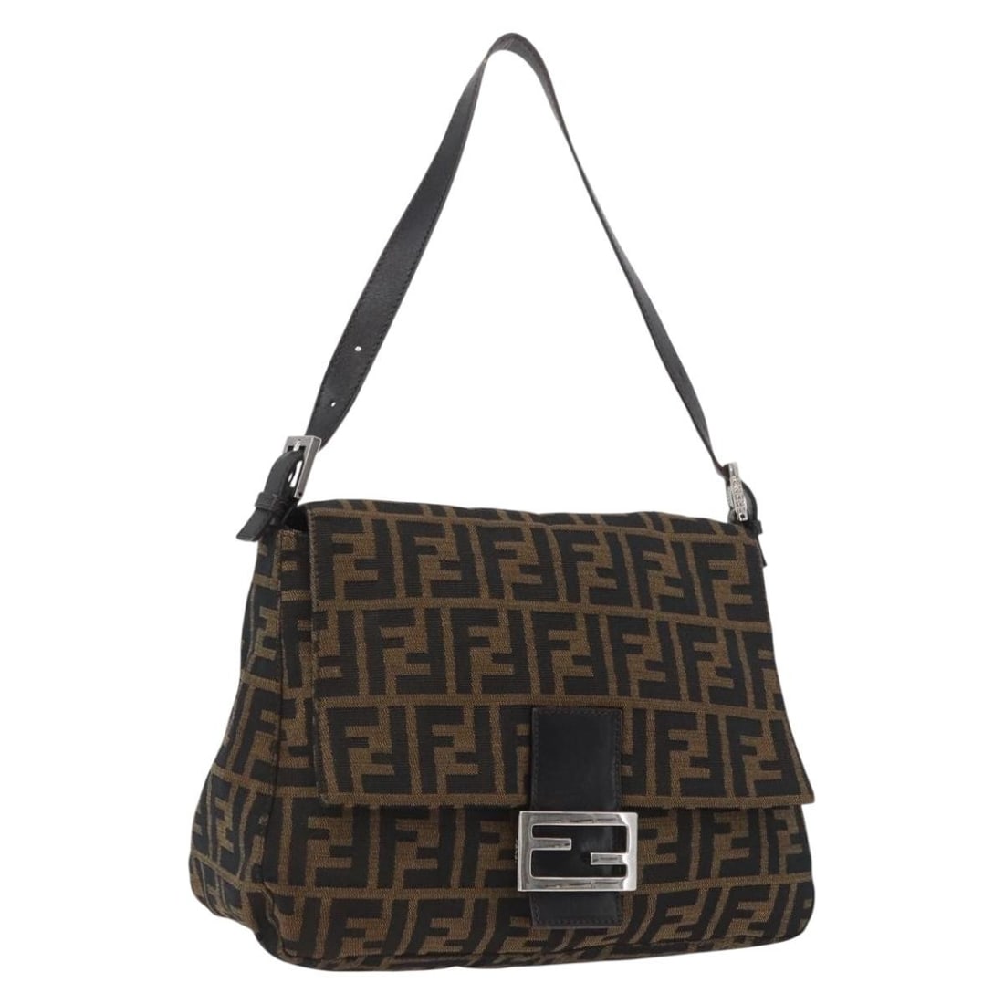 FENDI Mamma Baguette Shoulder Bag in Brown Black Zucca Canvas: FENDI Mamma Baguette Shoulder Bag in Brown Black Zucca Canvas Fendi Mamma Baguette shoulder bag in Zucca canvas with a brown and black exterior. It is a women's shoulder bag made in Italy and comes wi