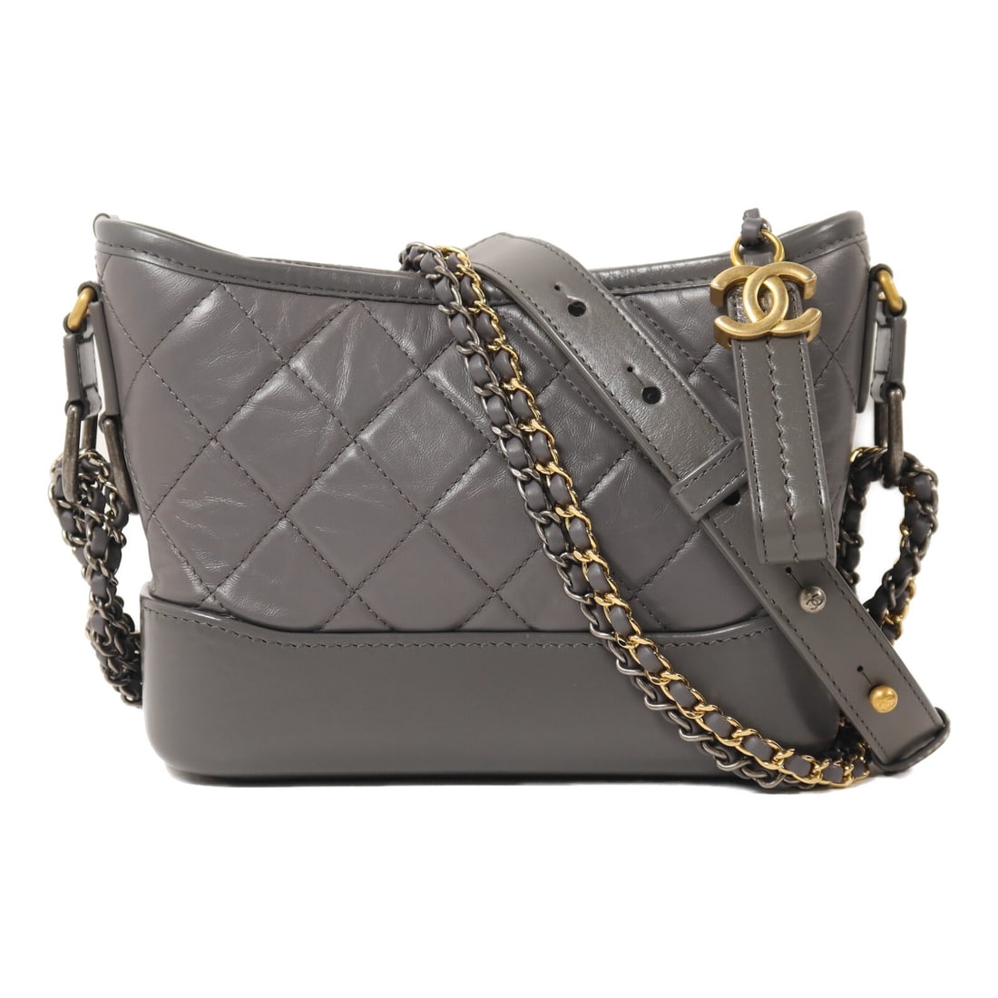 CHANEL Gabrielle Small Shoulder Bag Gray Calfskin Chain Strap: CHANEL Gabrielle Small Shoulder Bag Gray Calfskin Chain Strap A CHANEL CC Garbriell Small Chain Shoulder Bag in gray calfskin leather. It features a chain shoulder strap and a practical interior layou