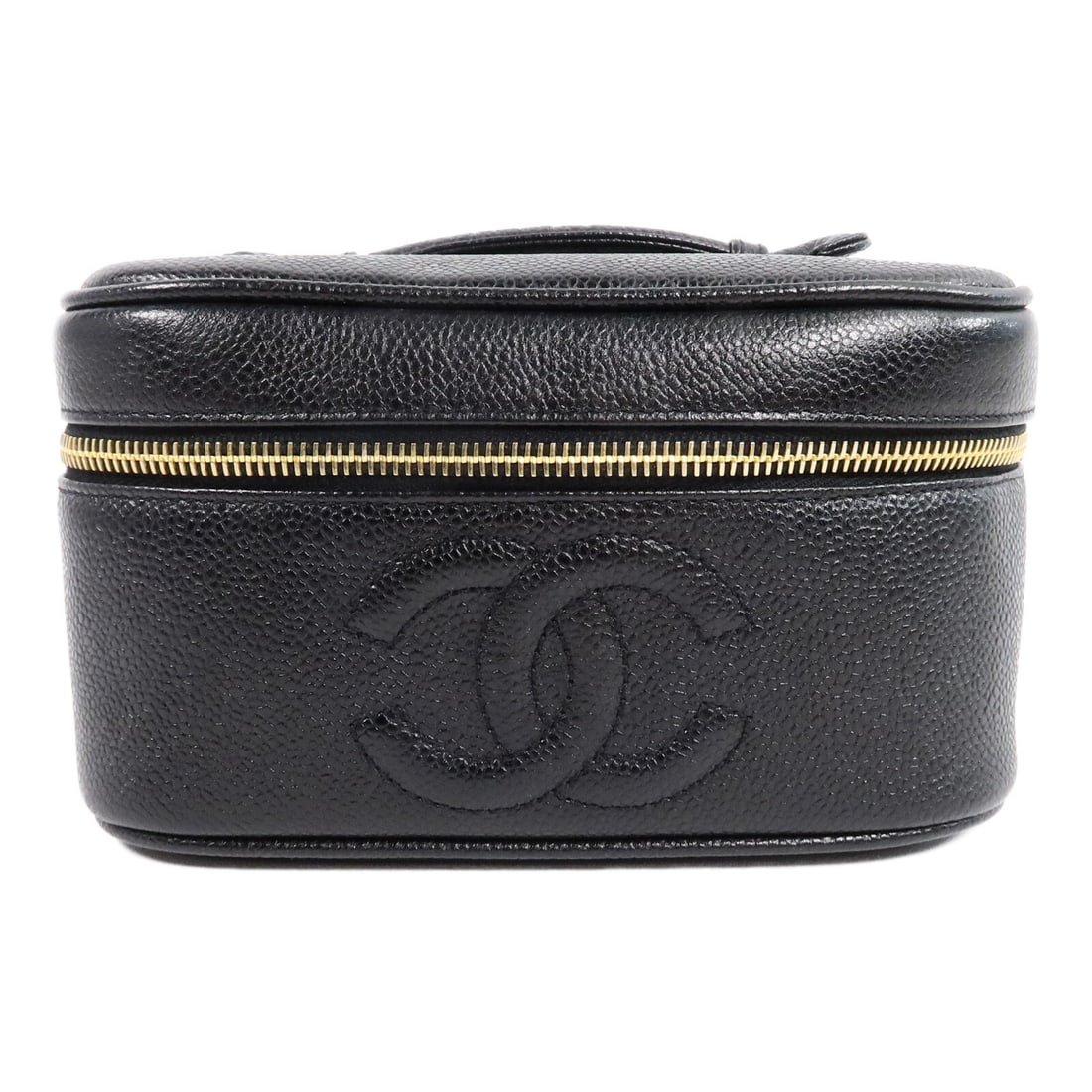 CHANEL CC Vanity Handbag Black Calfskin Leather with GHW: CHANEL CC Vanity Handbag Black Calfskin Leather with GHW Vintage CHANEL vanity handbag in black calfskin leather with gold-tone hardware. The bag features a fastener closure, one open interior pocket,