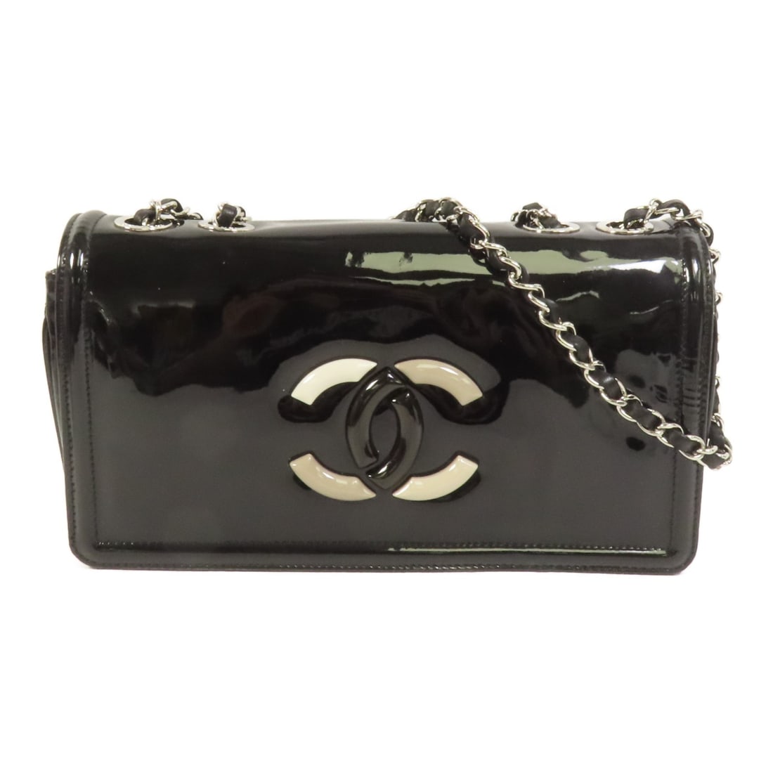 CHANEL Lipstick Flap Chain Shoulder Bag Black Patent Leather SHW: CHANEL Lipstick Flap Chain Shoulder Bag Black Patent Leather SHW CHANEL CC SHW Lipstick Flap Bag Chain Shoulder Bag in black patent leather. It is a women's shoulder bag with a flap design, black fram