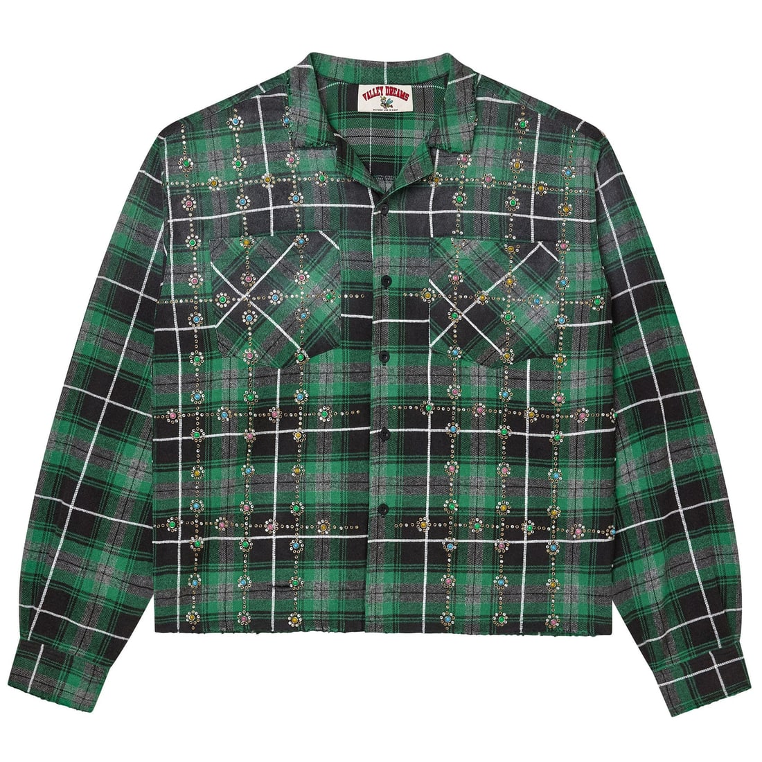 Green Plaid Flannel Shirt with Festive Grinch Gems by Vale: Green Plaid Flannel Shirt with Festive Grinch Gems by Vale The Vale Grinch Gems Green Flannel Shirt is crafted from soft, durable flannel in a green plaid pattern. It features a classic button-up fron