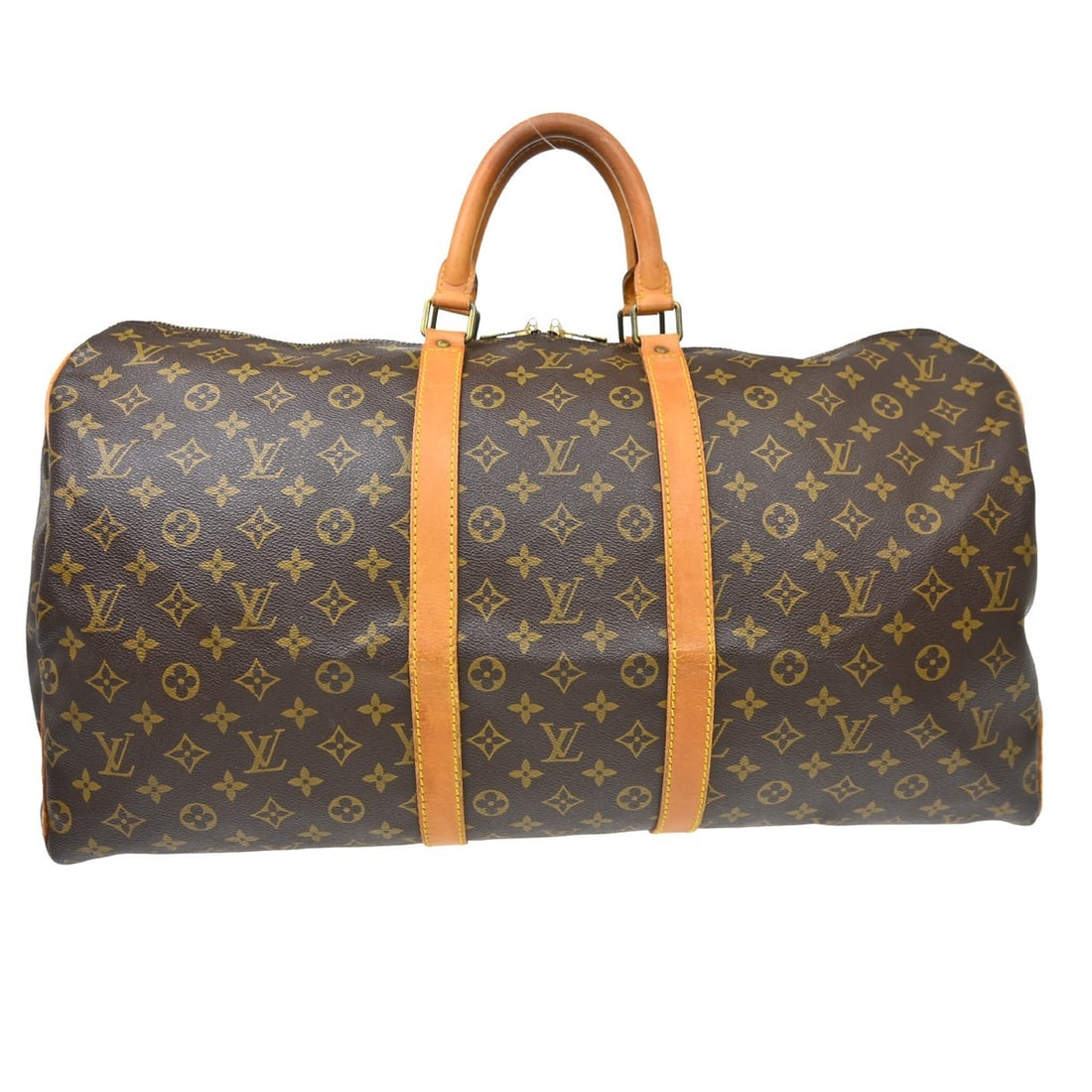 Vintage Louis Vuitton Keepall 55 Monogram Canvas Travel Duffle Bag: Vintage Louis Vuitton Keepall 55 Monogram Canvas Travel Duffle Bag Vintage Louis Vuitton Keepall 55 travel handbag in brown Monogram canvas with leather trim and double handles. This extra large duffl