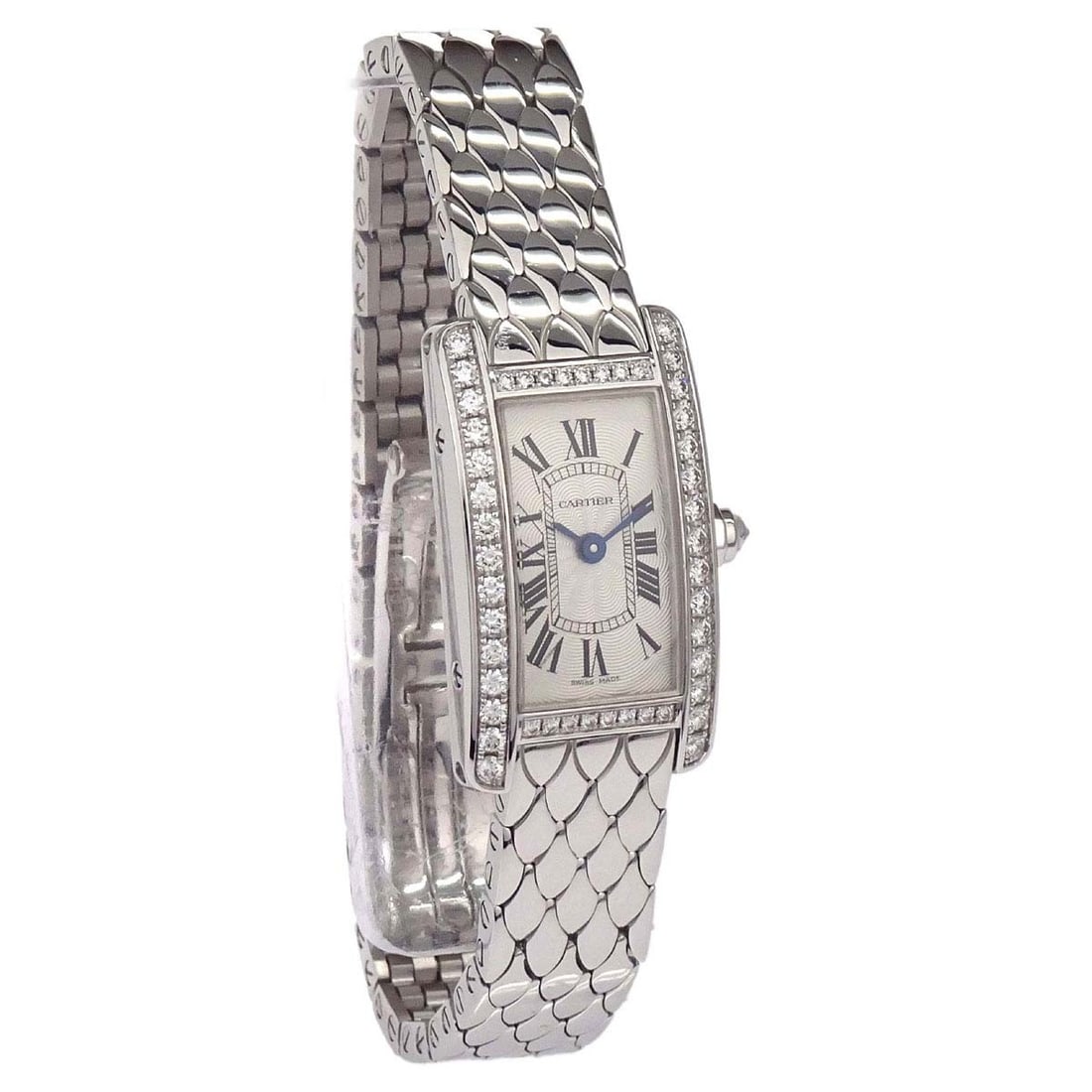 Cartier Ref. 3672 Tank American Mini 15mm 18KWG Diamond Wristwatch: Cartier Ref. 3672 Tank American Mini 15mm 18KWG Diamond Wristwatch Cartier Tank American Mini quartz wristwatch, reference 3672, with a 15 mm case and classic luxury styling. It features a white dial 