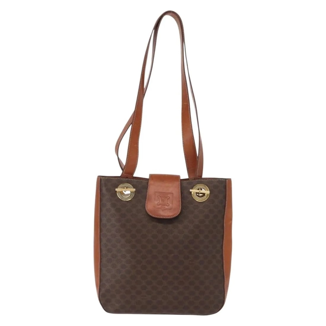 Celine Vintage Macadam Shoulder Bag Brown Canvas Leather: Celine Vintage Macadam Shoulder Bag Brown Canvas Leather This Celine Vintage Macadam Shoulder Bag is crafted from brown canvas with leather accents. Designed for women, it features a spacious interior