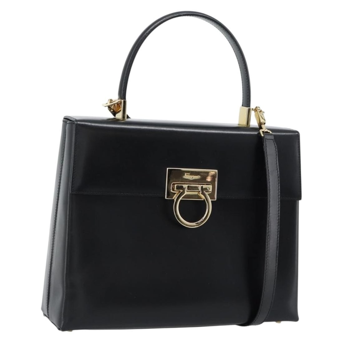 Salvatore Ferragamo Gancini Leather 2way Handbag Black Gold Tone: Salvatore Ferragamo Gancini Leather 2way Handbag Black Gold Tone Salvatore Ferragamo Gancini hand bag in leather, finished in black and gold. This 2-way bag is made in Italy and comes with a dust bag 