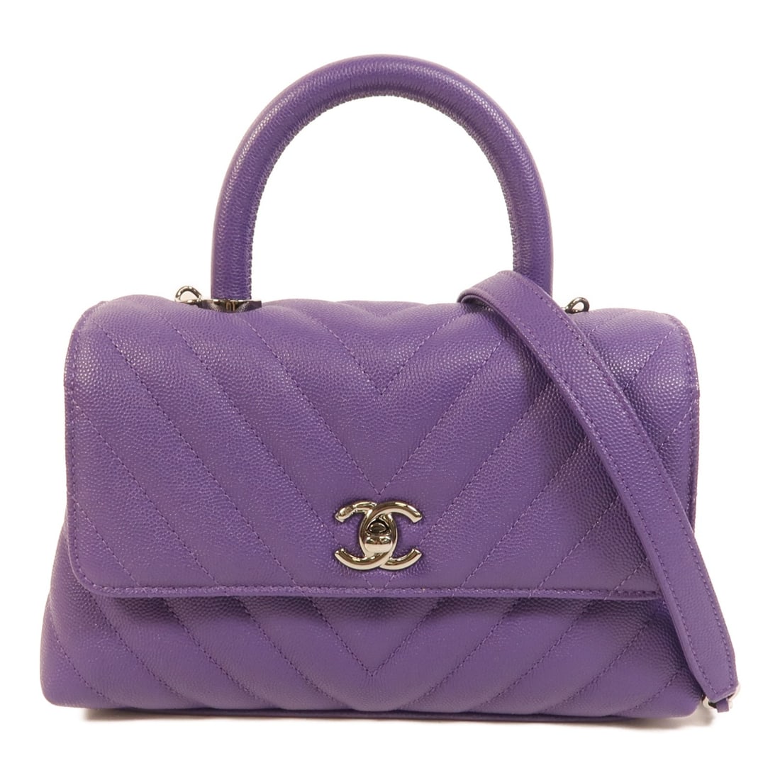 CHANEL Coco Handle Small CC 2Way Shoulder Bag Purple Calfskin: CHANEL Coco Handle Small CC 2Way Shoulder Bag Purple Calfskin CHANEL CC Coco Handle Small 2Way Shoulder Bag in purple calfskin (cowhide) leather. Designed for women, this regular-size bag features a t