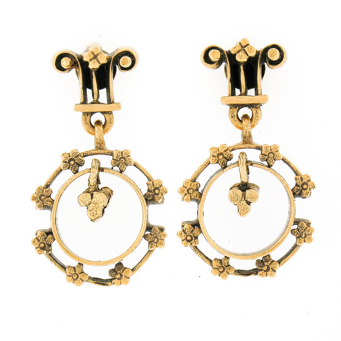 Victorian Revival 14k Yellow Gold Floral Drop Dangle Earrings: Victorian Revival 14k Yellow Gold Floral Drop Dangle Earrings These exquisite vintage earrings are a stunning example of Victorian revival artistry, crafted in solid 14k yellow gold. The earrings feat