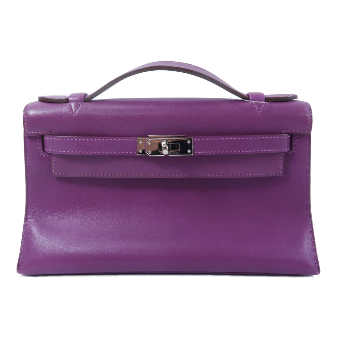 Hermes Kelly Pochette Swift Leather Handbag Anemone PHW: Hermes Kelly Pochette Swift Leather Handbag Anemone PHW A Hermes Kelly Pochette handbag in Anemone, crafted from Vaux Swift leather and calfskin (cowhide). It features a turn lock closure, one open in