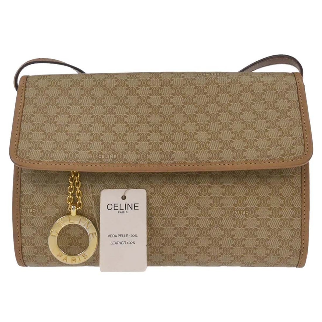 CELINE Macadam Beige PVC Leather Medium Shoulder Bag Italy: CELINE Macadam Beige PVC Leather Medium Shoulder Bag Italy Celine Macadam shoulder bag in beige, made in Italy. It features a shoulder strap, logo accent, and a medium size profile with one exterior p