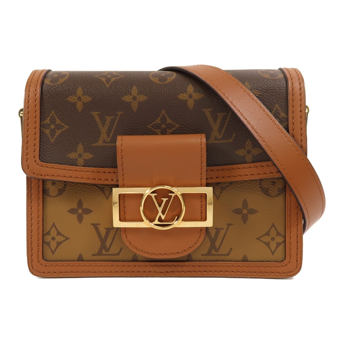 Louis Vuitton Mini Dauphine M44580 Monogram Reverse Shoulder Bag: Louis Vuitton Mini Dauphine M44580 Monogram Reverse Shoulder Bag Mini Dauphine shoulder bag in Monogram Reverse and PVC coated canvas. It features a brown colorway, a magnetic pocket, and one inside c