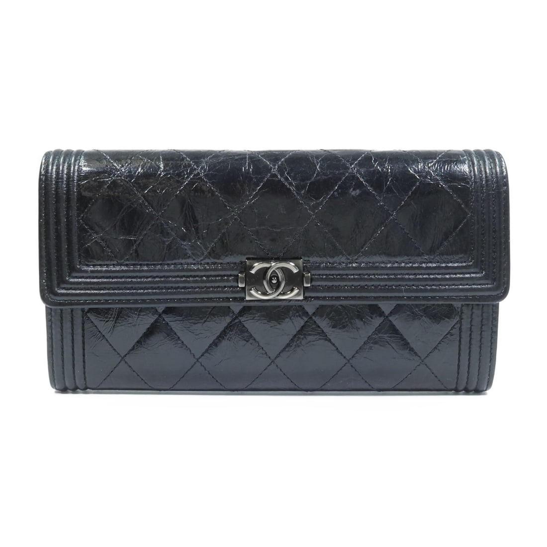 CHANEL Boy CC Calfskin Long Wallet in Black: CHANEL Boy CC Calfskin Long Wallet in Black CHANEL CC Boy Long Wallet in black calfskin leather. The wallet features a hook button closure and a practical interior layout with two open sections, two c