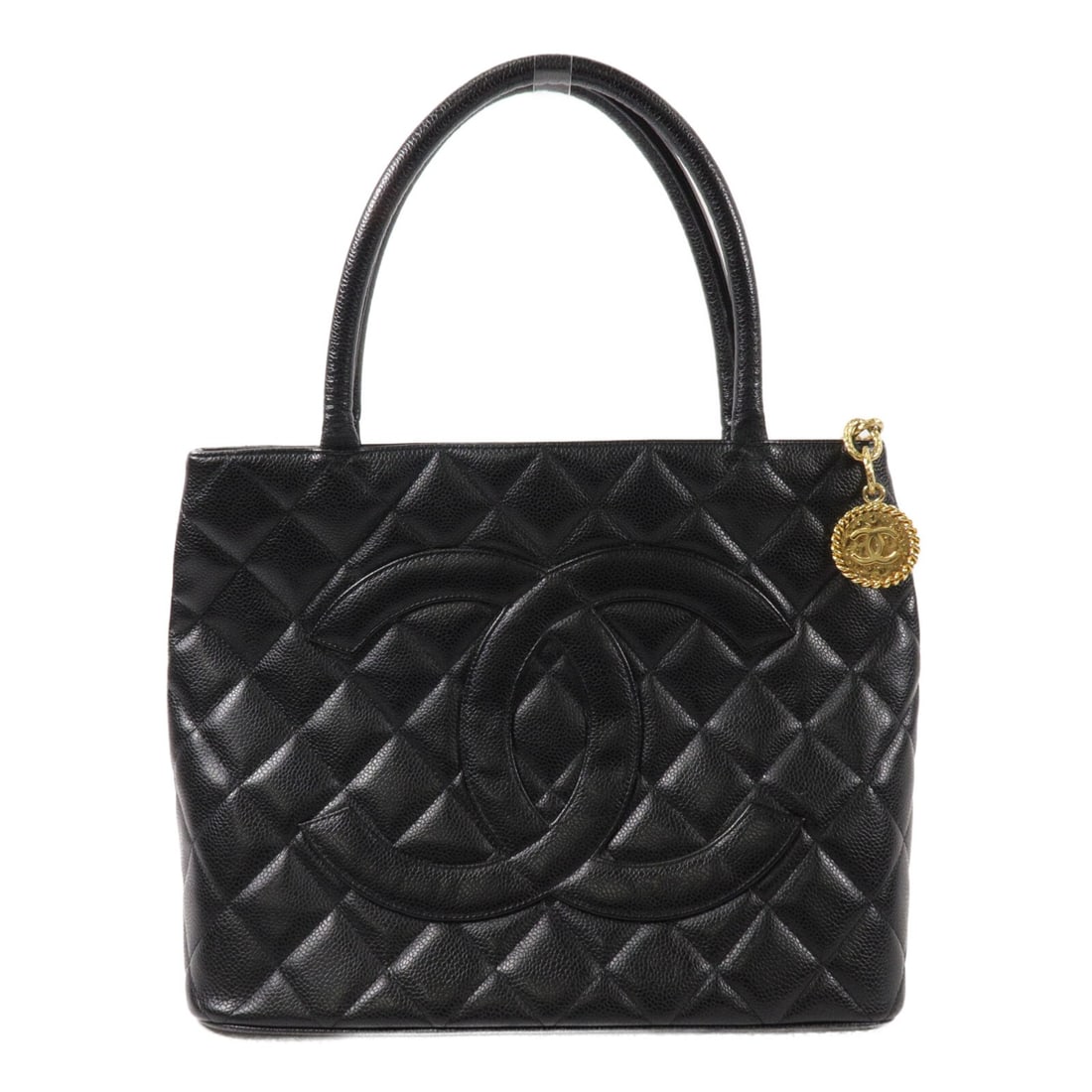 CHANEL Medallion Tote Black Calfskin Leather CC Bag GHW: CHANEL Medallion Tote Black Calfskin Leather CC Bag GHW Black CHANEL CC GHW Medallion Tote Bag crafted in calfskin leather with a structured tote silhouette. It features a black-on-black colorway, a h