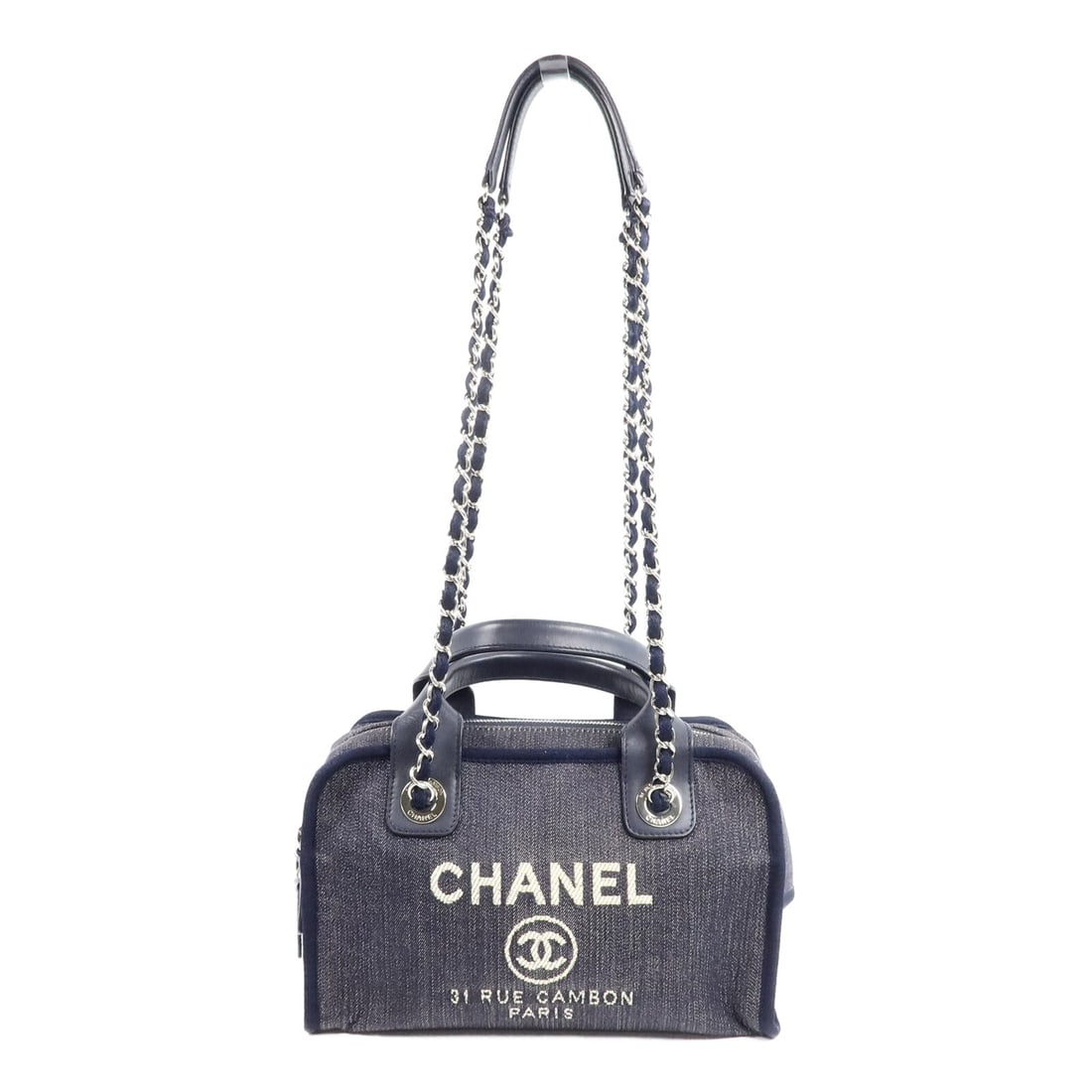 CHANEL Deauville Denim 2 Way Chain Tote Shoulder Bag Blue: CHANEL Deauville Denim 2 Way Chain Tote Shoulder Bag Blue CHANEL Deauville Chain Tote 2 Way Shoulder Bag in blue denim with silver-tone hardware. This tote features a chain handle and shoulder strap f