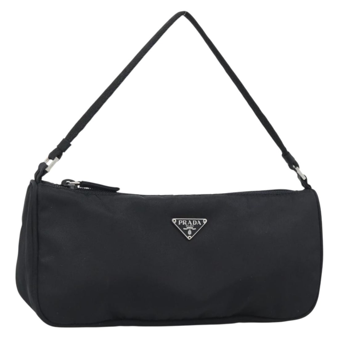 PRADA Nylon Accessory Pouch Black Silver with Dust Bag: PRADA Nylon Accessory Pouch Black Silver with Dust Bag PRADA accessory pouch in black and silver nylon, made in Italy. This women's pouch features a compact silhouette with a dust bag included. Condit