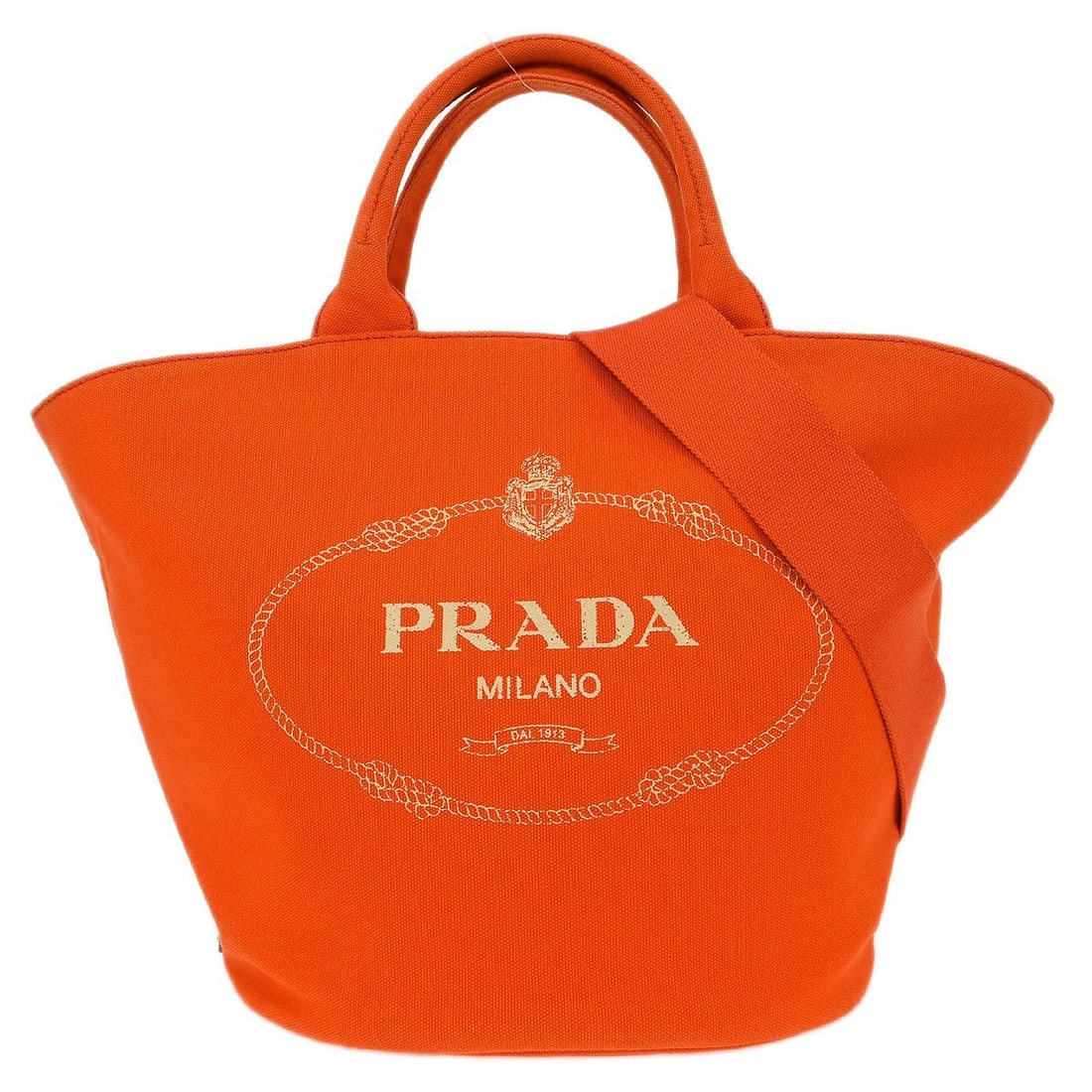 Prada Canapa 1BG163 Orange Canvas 2way Tote Bag: Prada Canapa 1BG163 Orange Canvas 2way Tote Bag Prada Canapa 2way tote handbag in orange canvas with logo accent. This large women's tote features a structured casual design with both top handles and