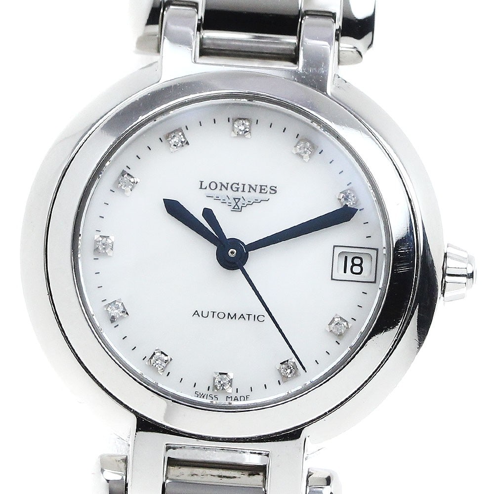 Longines PrimaLuna womens automatic watch ref L8.111.4 date white shell dial: Longines PrimaLuna womens automatic watch ref L8.111.4 date white shell dial This Longines PrimaLuna Date women's wristwatch features a stainless steel case and bracelet with a white shell dial. The w