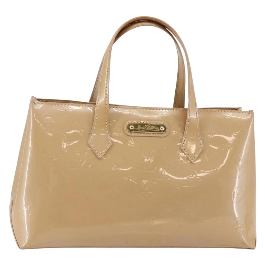 Louis Vuitton Wilshire Patent Leather Handbag Beige 31cm: Louis Vuitton Wilshire Patent Leather Handbag Beige 31cm This Louis Vuitton Wilshire handbag for women features a beige patent leather exterior with the iconic Monogram Vernis finish. It measures 31cm