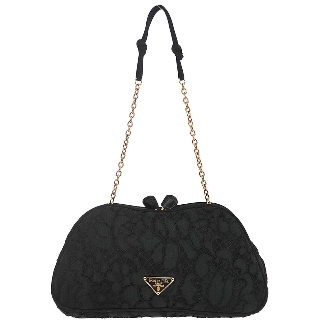 PRADA medium black satin lace tote handbag with chain: PRADA medium black satin lace tote handbag with chain A Prada women's tote handbag in black satin with lace exterior detailing, made in Italy. It features one inside pocket, metal fittings with scuffs