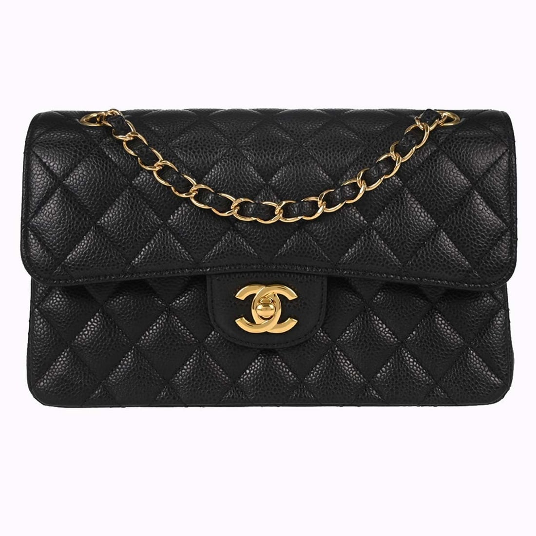CHANEL Classic Double Flap Small Shoulder Bag Black Caviar Leather: CHANEL Classic Double Flap Small Shoulder Bag Black Caviar Leather Chanel Small Classic Double Flap Shoulder Bag in black caviar skin leather with a matelasse pattern and flap turnlock closure. It fea