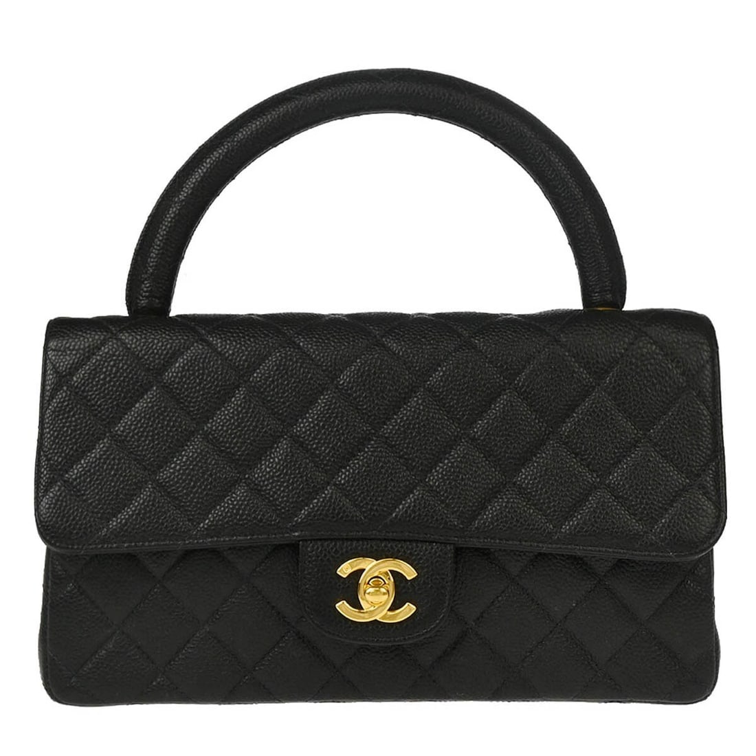 CHANEL medium top handle satchel in black caviar leather: CHANEL medium top handle satchel in black caviar leather Black Chanel handbag crafted from caviar skin leather with a matelasse quilted design and logo accents. This medium satchel features a top hand